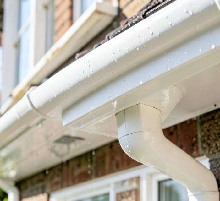 Close-up of freshly cleaned white UPVC guttering, fascia and downpipe